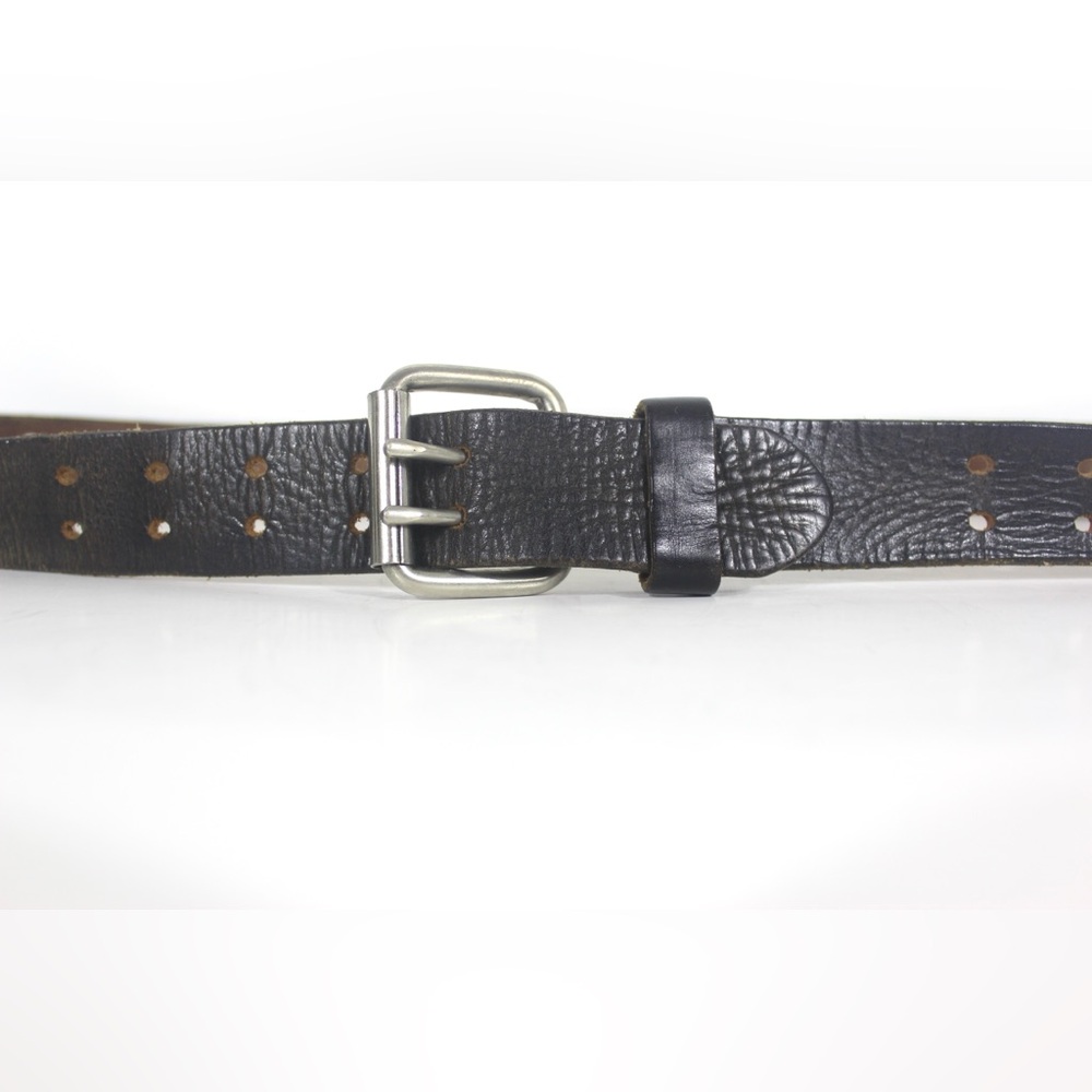 Black Leather Belt with Double Prong Silver Buckle Distressed Worn In